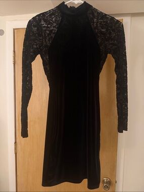 ASOS Navy Velvet Dress with Sheer Lace Sleeves